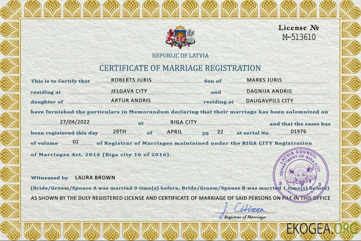 Modèle PSD de certificat de mariage de Lettonie